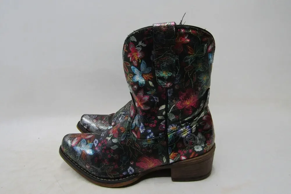 Roper Brand Youth Size 6 M Black Leather Floral Cowboy Western Boots